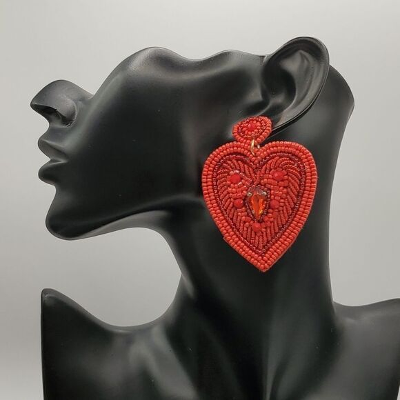 New Bling Red Heart Bead & Rhinestone Statement Earrings Valentines Christmas - Picture 2 of 8